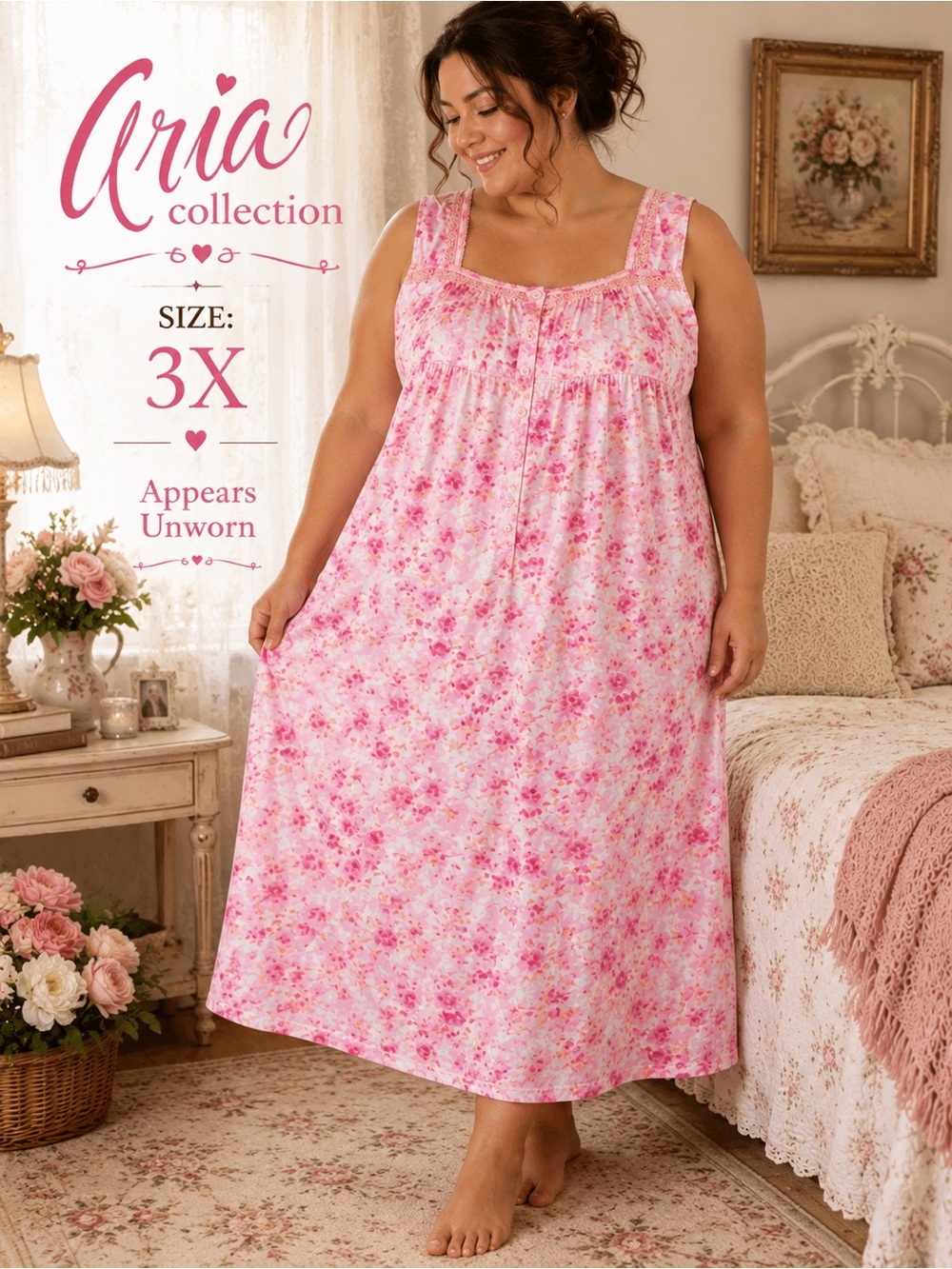 Aria Collection 3X Pink Floral Cotton Nightgown Lace Trim Pockets